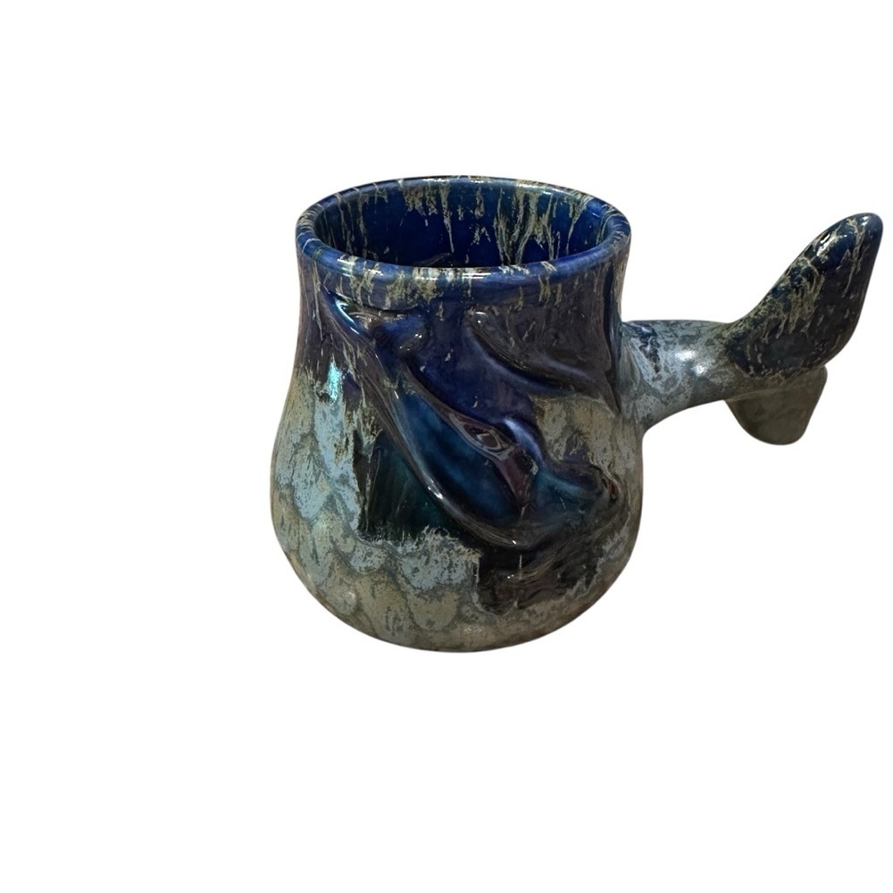 Oceanic Blue Ceramic Mug with Fish Tail Handle and Dolphin Inside